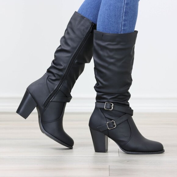 Black Mid Calf Block Heeled Boots Synthetic Leather Pointed Toe Womens - Picture 1 of 16
